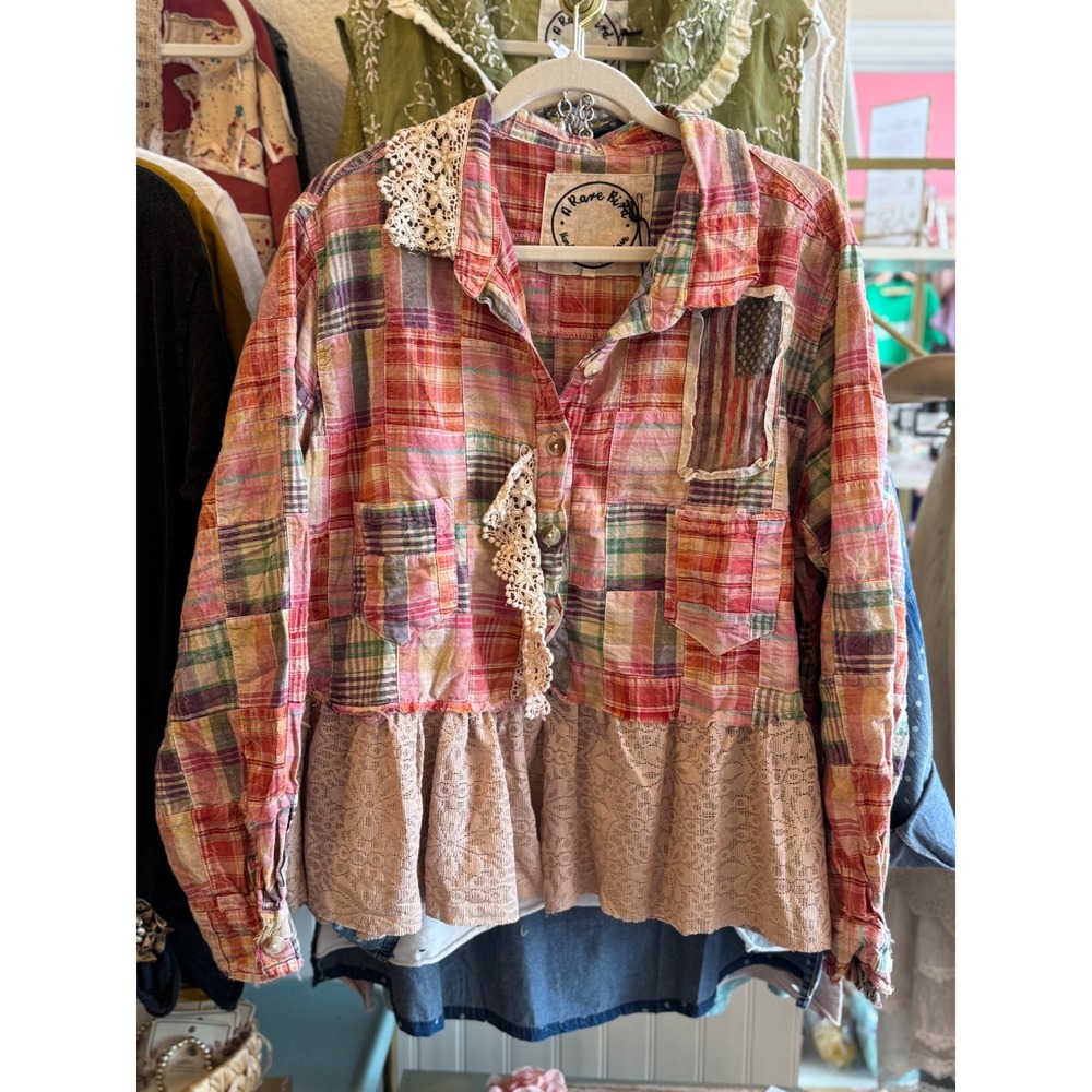 A Rare Bird Patchwork Plaid Lace Ruffle Peplum Shacket Americana Girl OS NWT